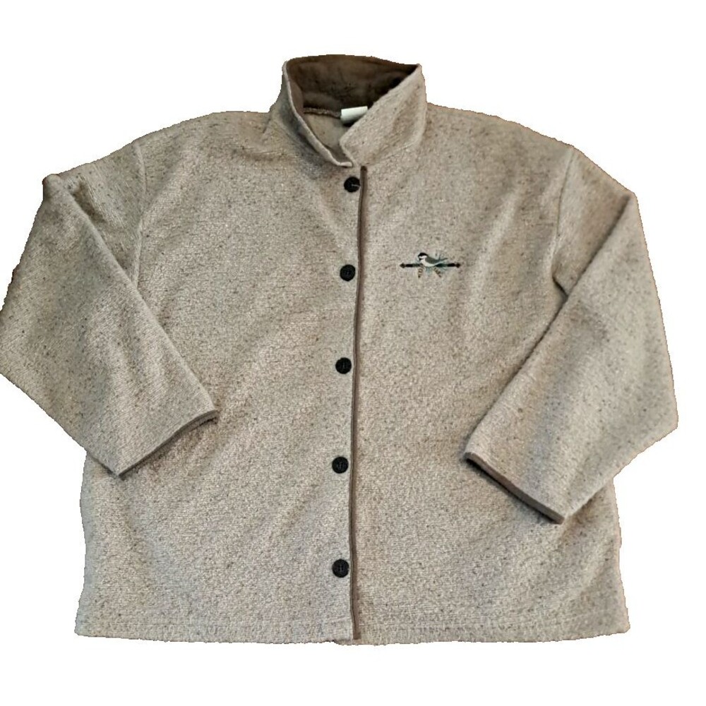 Womens VTG Cardigan Sweater Jacket Artisans Wisconsin Chickadee Beige XL